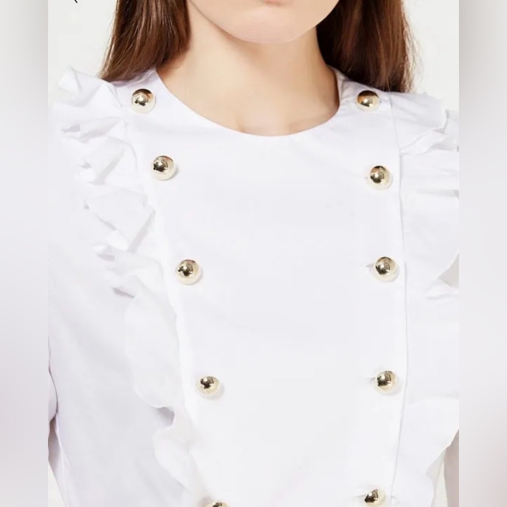 🆕 [Pinko] White Cotton Ruffle Peplum Gold Button Blouse IT 40 S Made in Italy - Picture 6 of 13